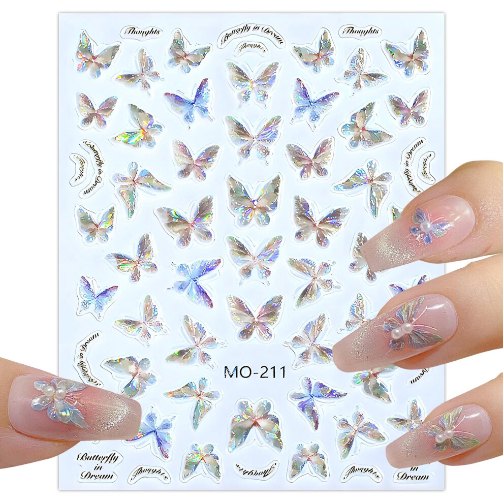 Pink/Blue 5D Nail Art Stickers With Embossed Butterfly Design And Seashell Shine, Manicure Accessories