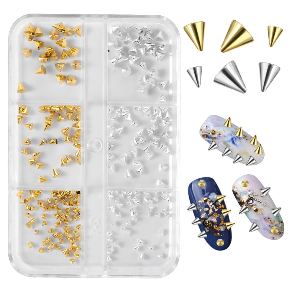Nail Art Metal Studs Gold and Silver Punk Rivets for Acrylic Nails 3D DIY Manicure 6Grid Box