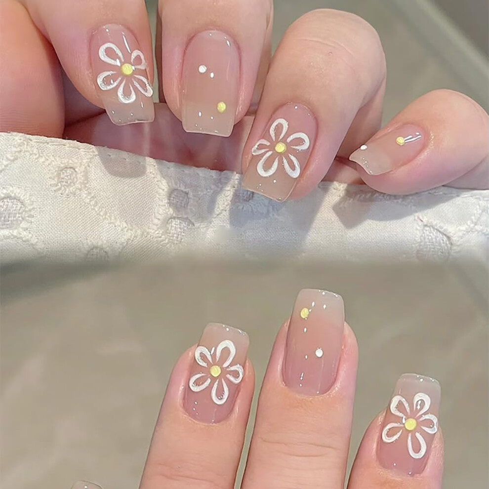 Cream Glossy Flower Press On Nails Medium Length Square Shape Nude Fake Nails Reusable 24Pcs