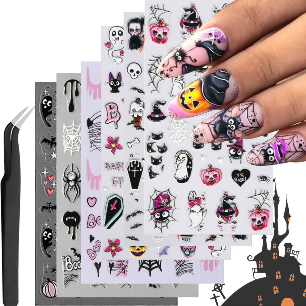 Halloween 5D SelfAdhesive Nail Stickers with Tweezers, Skull Pumpkin Spider 3D Art Decals