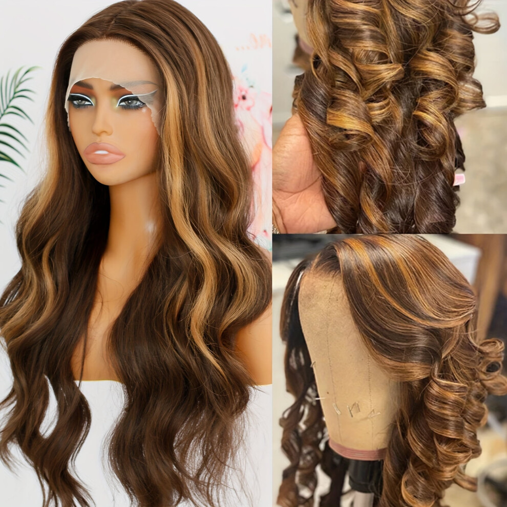 Unisex Brown Honey Blonde Highlight Wave Wig, Synthetic 13X4 Lace Front Ombre Wig, & Blonde, Heat Resistant, Middle Part, Long 26 Inch (Compatible With
