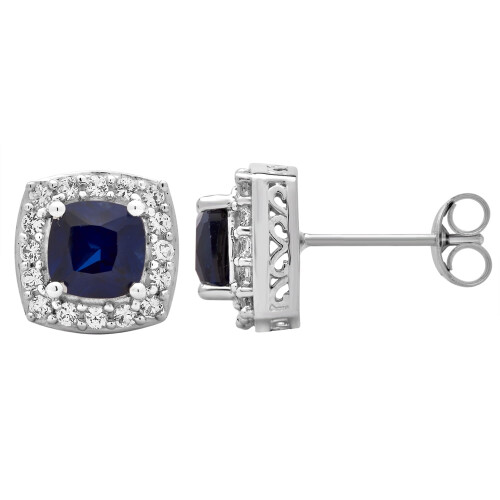 Created Blue and White Sapphire Sterling Silver Halo Stud Earrings