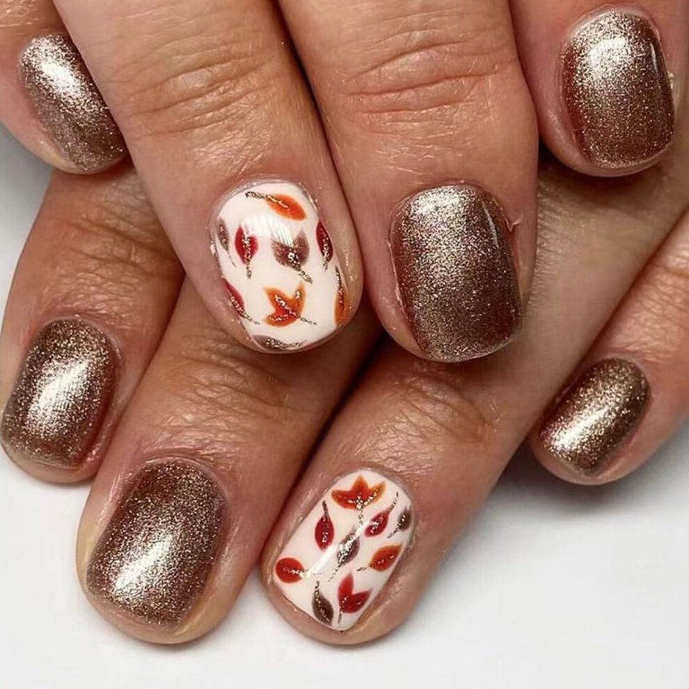 Fall Press On Nails Square Maple Leaf Fake Nails Glossy Reddish Brown Glitter Full Cover 24pcs