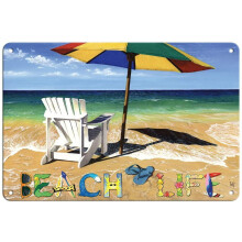 Vintage Retro Metal Sign - Beach Life with Chair, Umbrella & Ocean View, 12x8" Wall Art for Home, Bar, Kitchen, Restaurant Decor