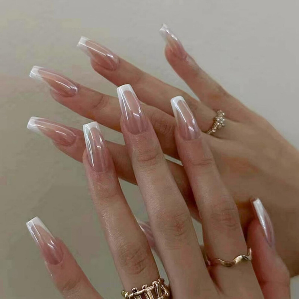 White French Tip Press On Nails Nude Coffin Fake Nails Medium Length Glossy Reusable Set 24pcs