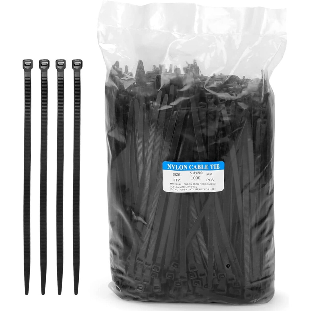 Zip Ties 8 Inch 1000 Pack Heavy Duty With 75Lbs Cable Ties Uv Resistant Strong Industrial Zipties Nylon Wire Tie Black 9085618753020