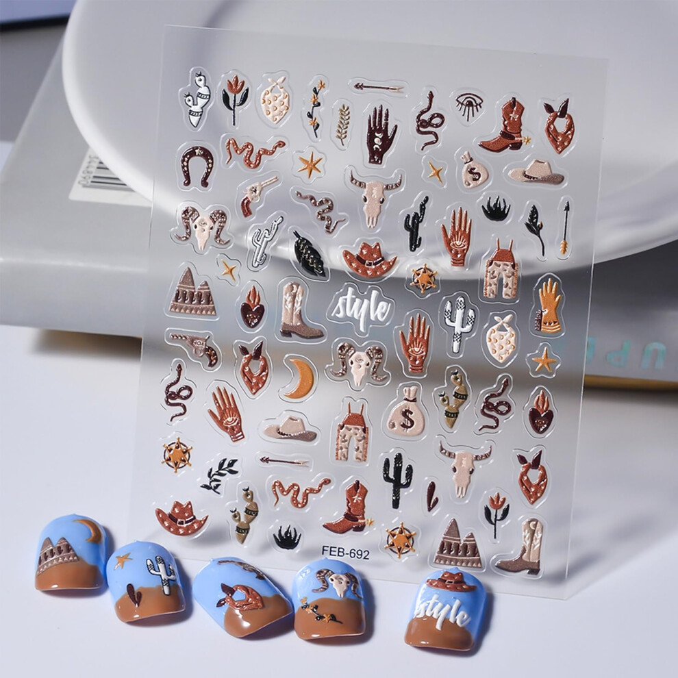 5D Animal Nail Art Stickers with Cowboy Desert Cactus and Bohemian Designs, LongLasting Adhesion