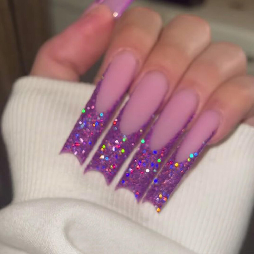 Purple Long Square Press on Nails with Glitter, Glossy Acrylic Fake Nails for Women