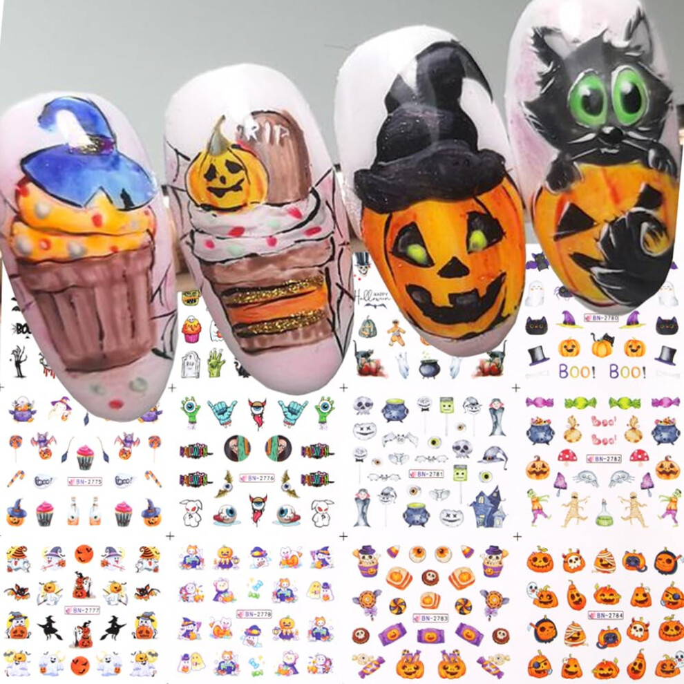 Halloween Nail Stickers 12 Sheets Spooky Ghost Pumpkin Witch Bat Water Transfer Nail Art Decals