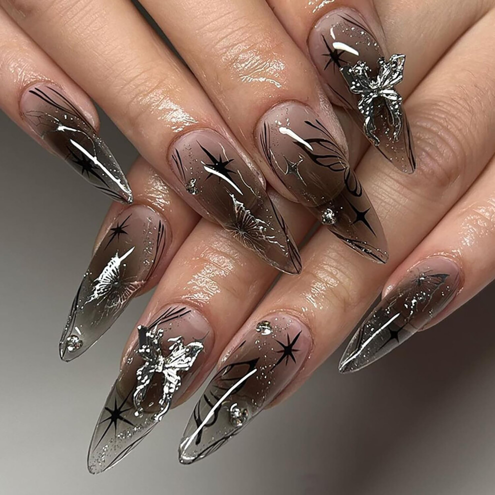 Black Almond Cat Eye Press On Nails Fake Nails Acrylic Glossy Butterfly Design 24Pcs Reusable Set