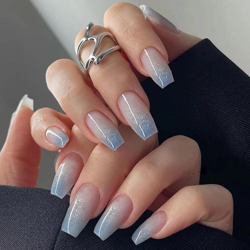 Blue Ombre Glitter Press On Nails Medium Coffin Fake Nails With Glue Reusable Acrylic Set 24Pcs