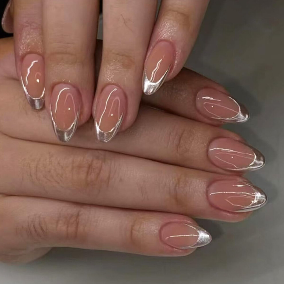 Pink,Cream Silver French Tip Press On Nails Medium Almond Shape Fake Nails Glossy Nude Pink Salon Quality 30Pcs
