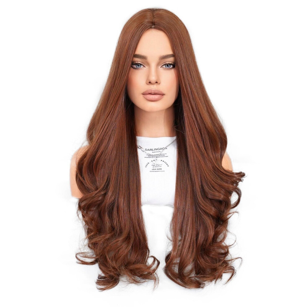 Unisex Brown 27 Inch Chestnut Long Curly Wig For Women, Natural Look Heat Resistant Synthetic Hair