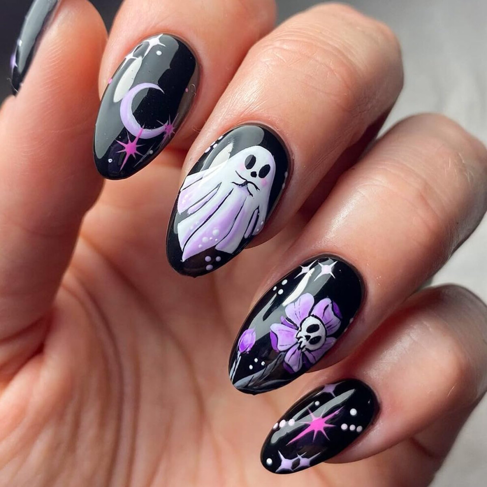 Black Halloween Ghost Moon Almond Press On Nails Set 24Pcs Reusable Acrylic False Nails Salon Finish
