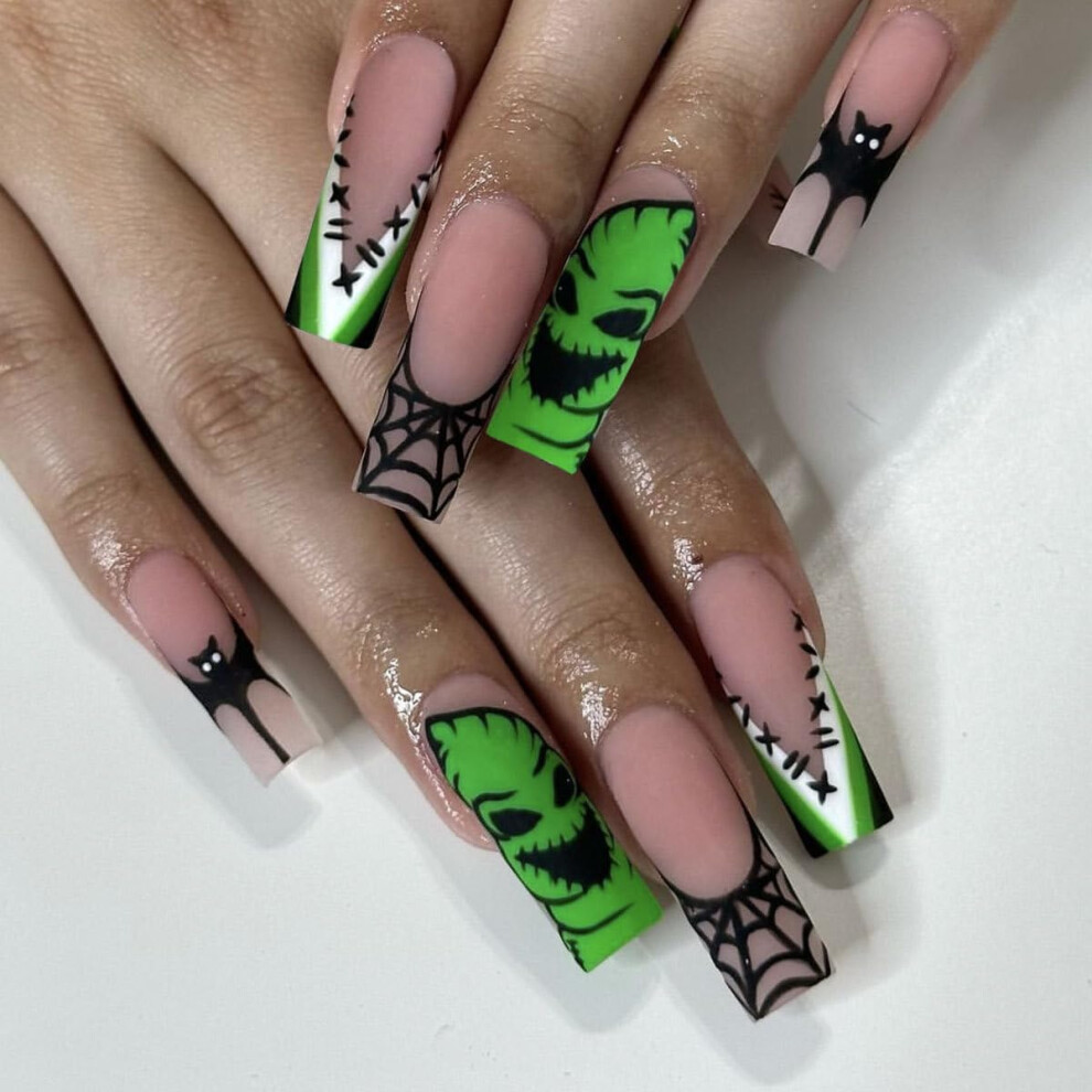 Halloween Long Coffin Press On Nails for Women, Reusable Acrylic False Nails with Glue