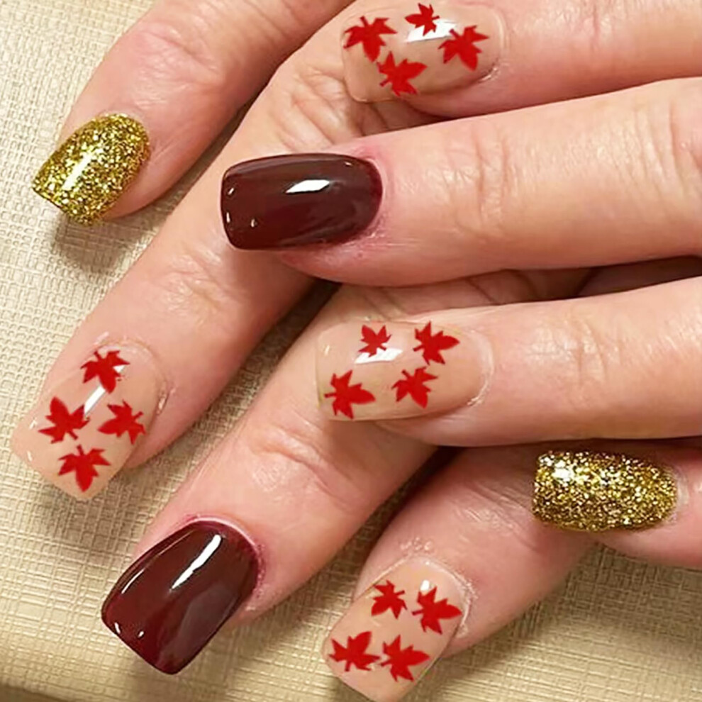 Red Short Square Press On Nails With Maple Leaf, Autumn Glitter Fake Nails Set For Thanksgiving 24Pcs