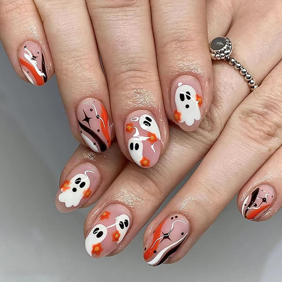 Halloween Ghost Floral French Tip Press On Nails  24pcs Short Almond Fake Nails with Glue