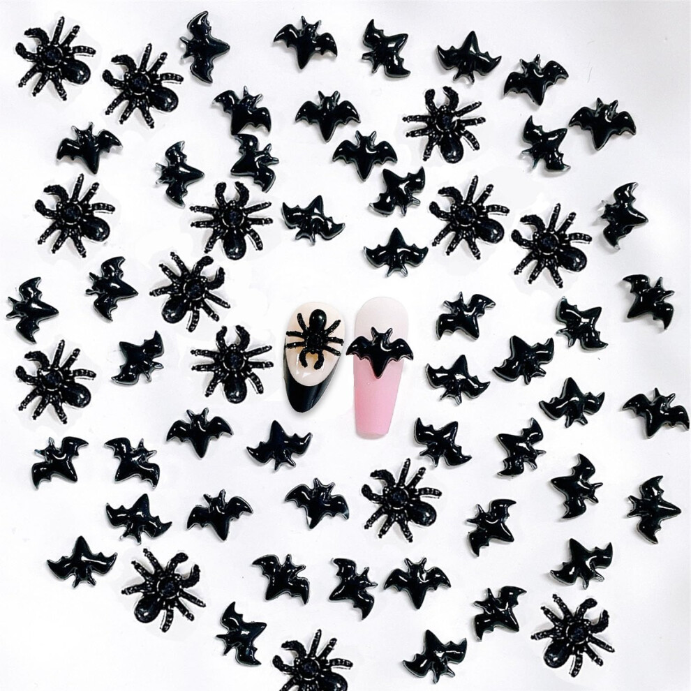 Black Halloween Nail Charms 3D Resin Bat And Spider Nail Art Decorations For Acrylic Nails 30 Pcs