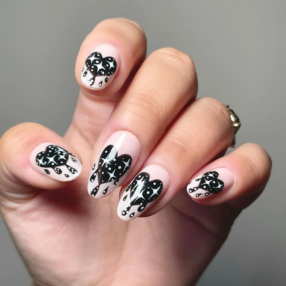 Medium Almond Press On Nails Pink Glossy Acrylic False Nails with Black Heart Reusable 24Pcs