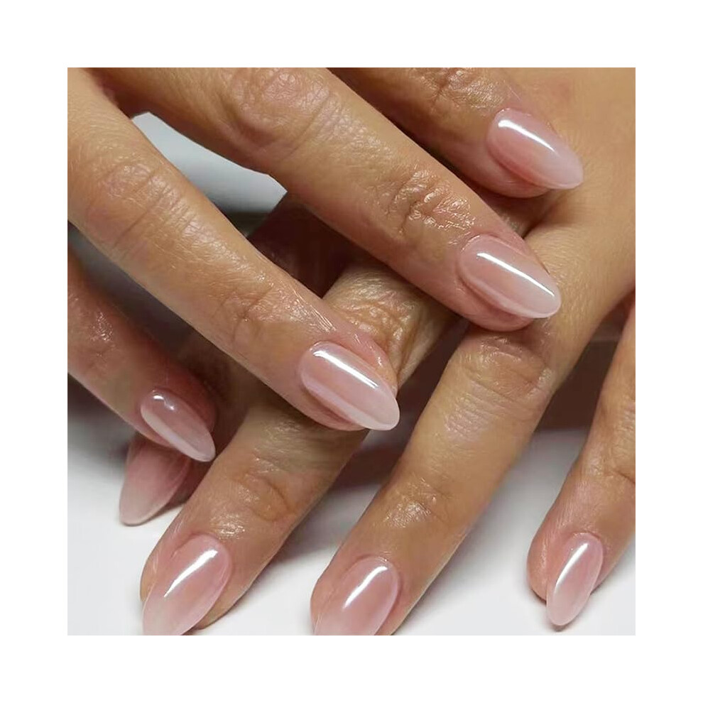 24Pcs Short Almond Press on Nails Nude French Fake Nails Glossy Reusable Acrylic for Women