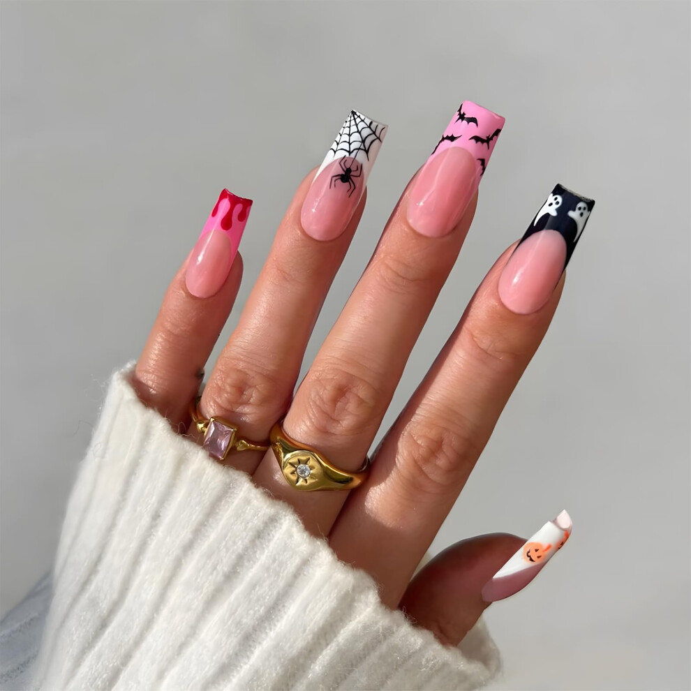 Halloween Almond Press On Nails for Women, Pink Spider Web Bat Ghost Design, Reusable Nail Kit