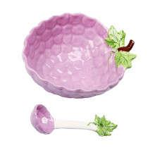 Ceramic Salad Bowl with Lid and Spoon Cartoon Grape Design for Kids and Adults Serving