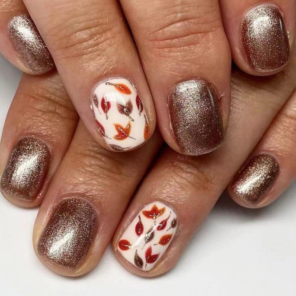Fall Maple Leaf Press On Nails Rose Gold Glitter Short Square Fake Nails Reusable 24pcs