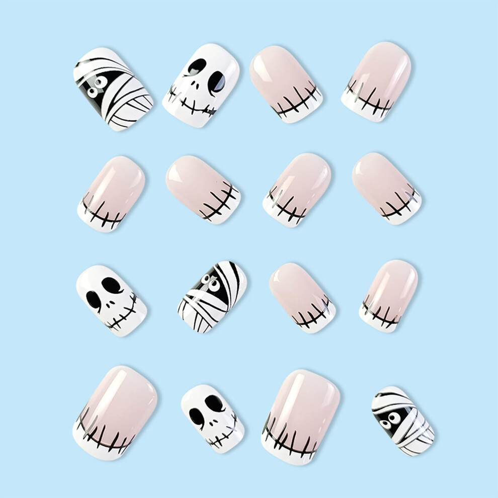 Halloween Press On Nails Set with Mummy Design, Square Shape Reusable Acrylic Fake Nails 24pcs