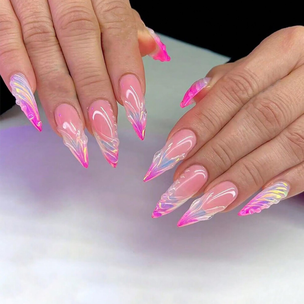 Pink 24 Pcs French Tip Long Almond Press On Nails Set Reusable ReadyâToâWear Manicure With 3D Ripple Design