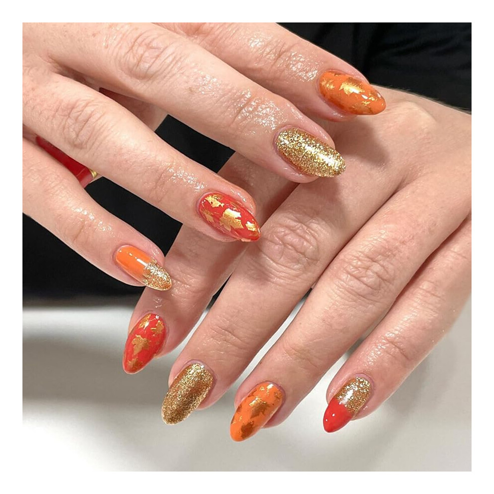 Thanksgiving Almond Press On Nails with Gold Foil Maple Leaf Design, Fall Glitter Fake Nails Set
