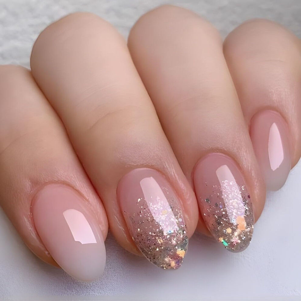 Pink,White Short Round Press On Nails Pink White Gradient French Tip Fake Nails Set Salonquality Reusable 24Pcs