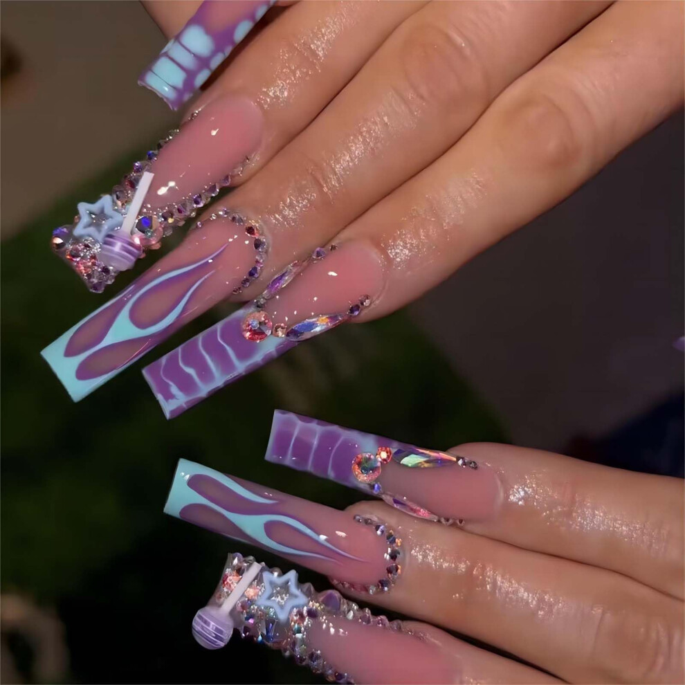 Purple Long Square Press On Nails Acrylic Fake Nails Set With Geometric Design And ReadyâToâWear Finish