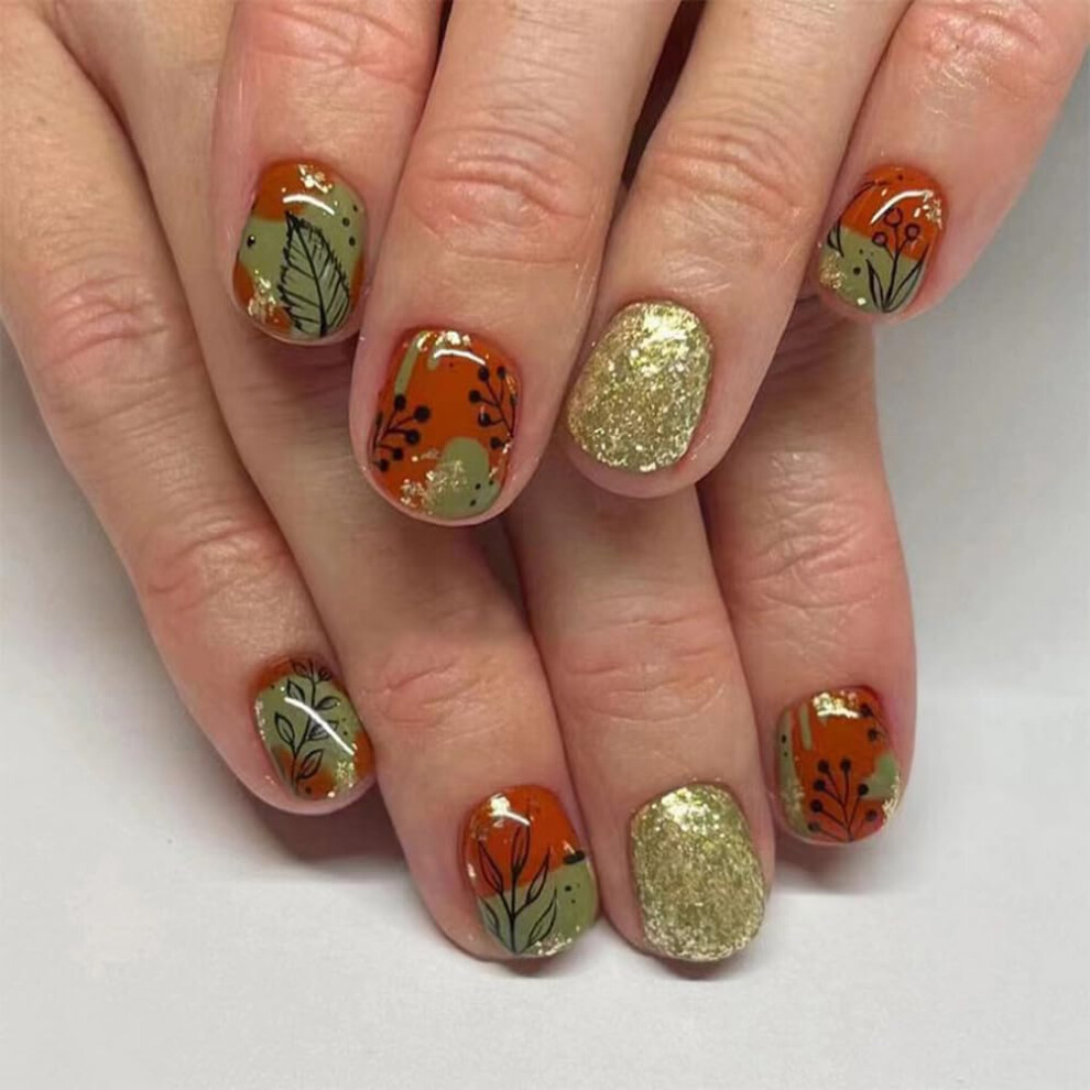 Gold Thanksgiving Press On Nails Short Square With Glitter And Autumn Maple Leaf Design 24Pcs