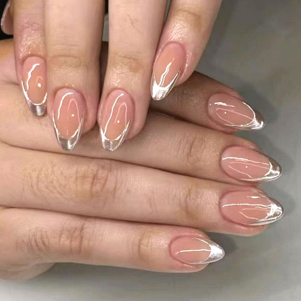 Silver French Tip Press On Nails Short Almond Shape Fake Nails Reusable Glue On Set 30Pcs