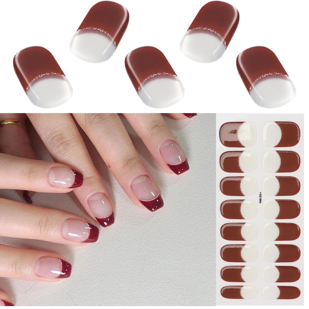 Red Wine French Tip Semi Cu Gel Nail Strips 16Pcs Glitter Gel Nail Wraps For Short Nails