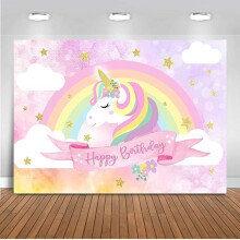 Custom Unicorn Theme Birthday Party Decoration, Pink Cotton Backdrop with Rainbow Clouds, 7x5ft