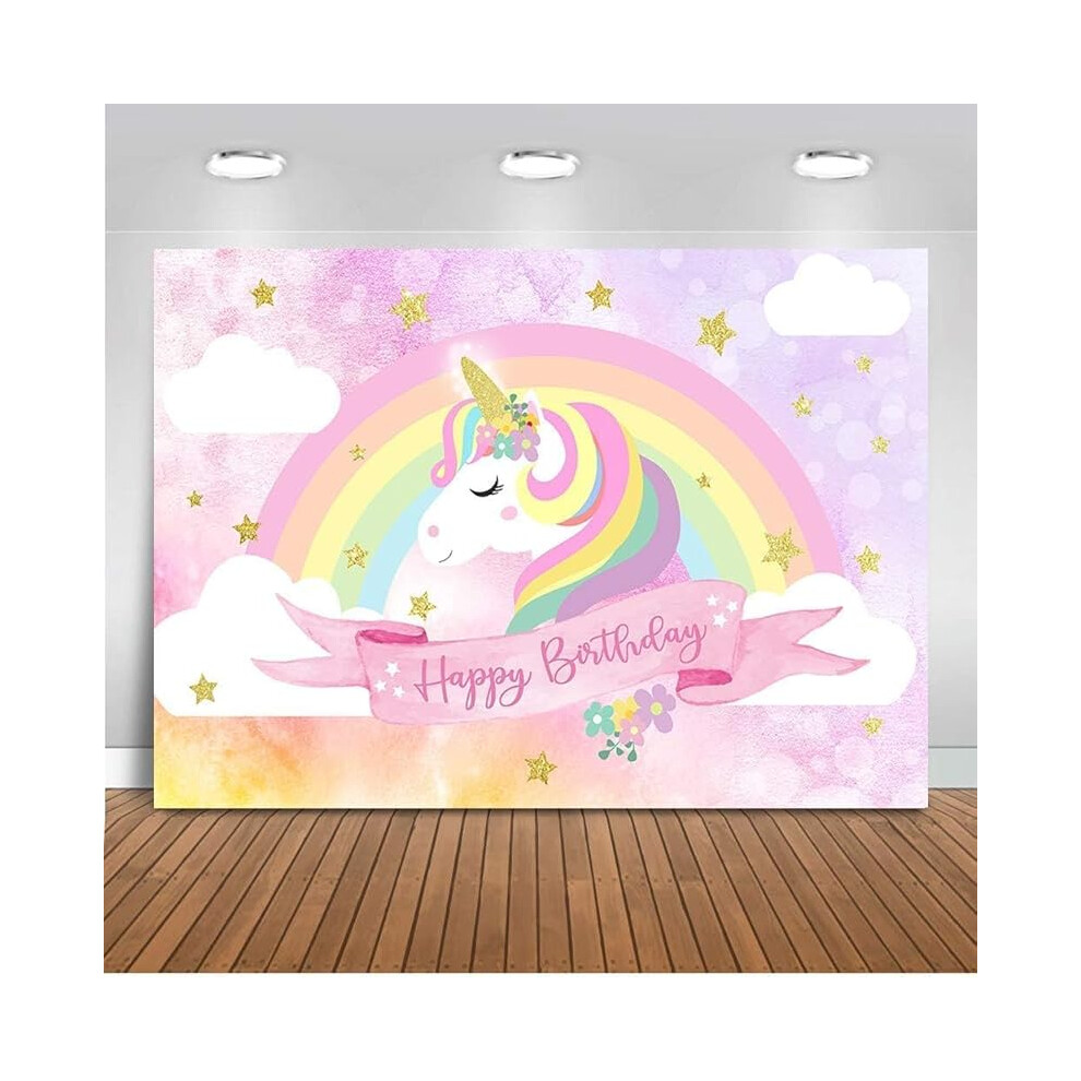 Custom Unicorn Theme Birthday Party Decoration, Cotton Backdrop With Rainbow Clouds, 7X5ft Pink 9048212677031