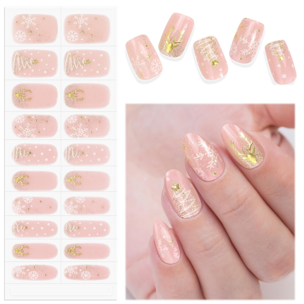 Pink Christmas Gel Nail Strips Snowflake Semi Cured Wraps With File, Glitter Diy Manicure