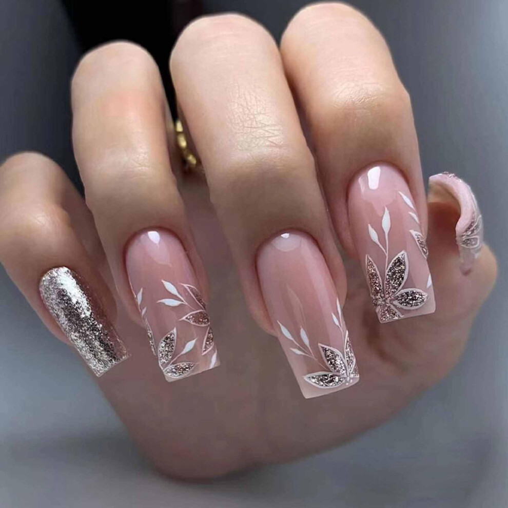 French Press On Nails Autumn Glitter Maple Leaf Medium Long Square Acrylic Fake Nails 24Pcs Set