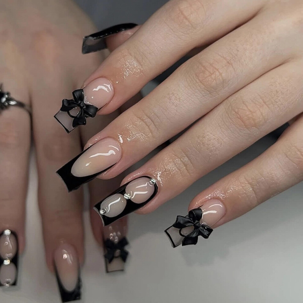 Black Long French Tip Press On Nails With 3D Bow Rhinestones, Glossy Squoval Fake Nails 24Pcs