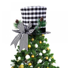 Nightwill Christmas Tree Topper Top Hat - White and Black Buffalo Plaid Christmas Tree Topper Fabric Top Hat 2023 Xmas Tree Decor
