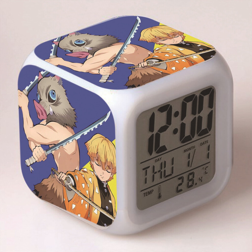 Hanntaoo Digital Alarm Clock For Kids, Compatible With Cartoon Demon Slayer Pattern, 7 Color Led, Thermometer, Night Gift For Boys Girls Light