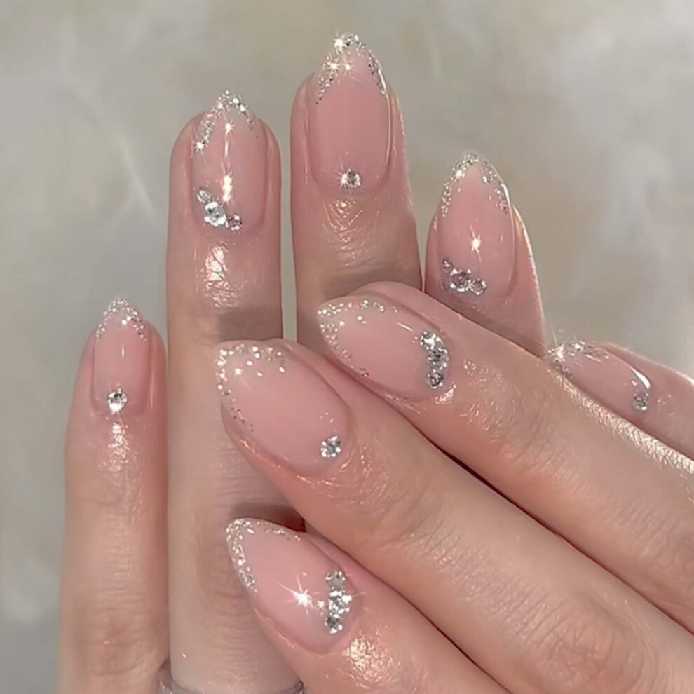 Pink Press On Almond Nails Fake Nails With Rhinestones Medium Length False Nails Set 24Pcs