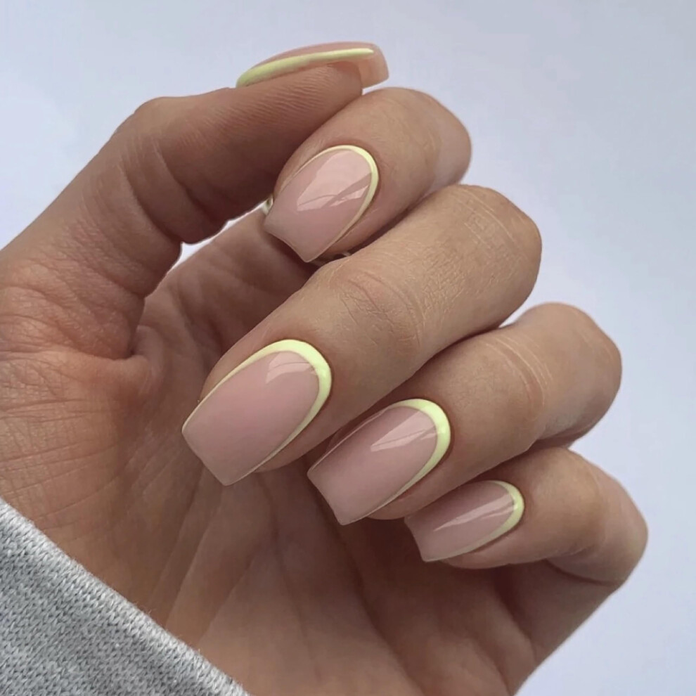 Yellow Square Press On Nails Medium Acrylic Fake Nails with French Tip, LongLasting 24pcs Set