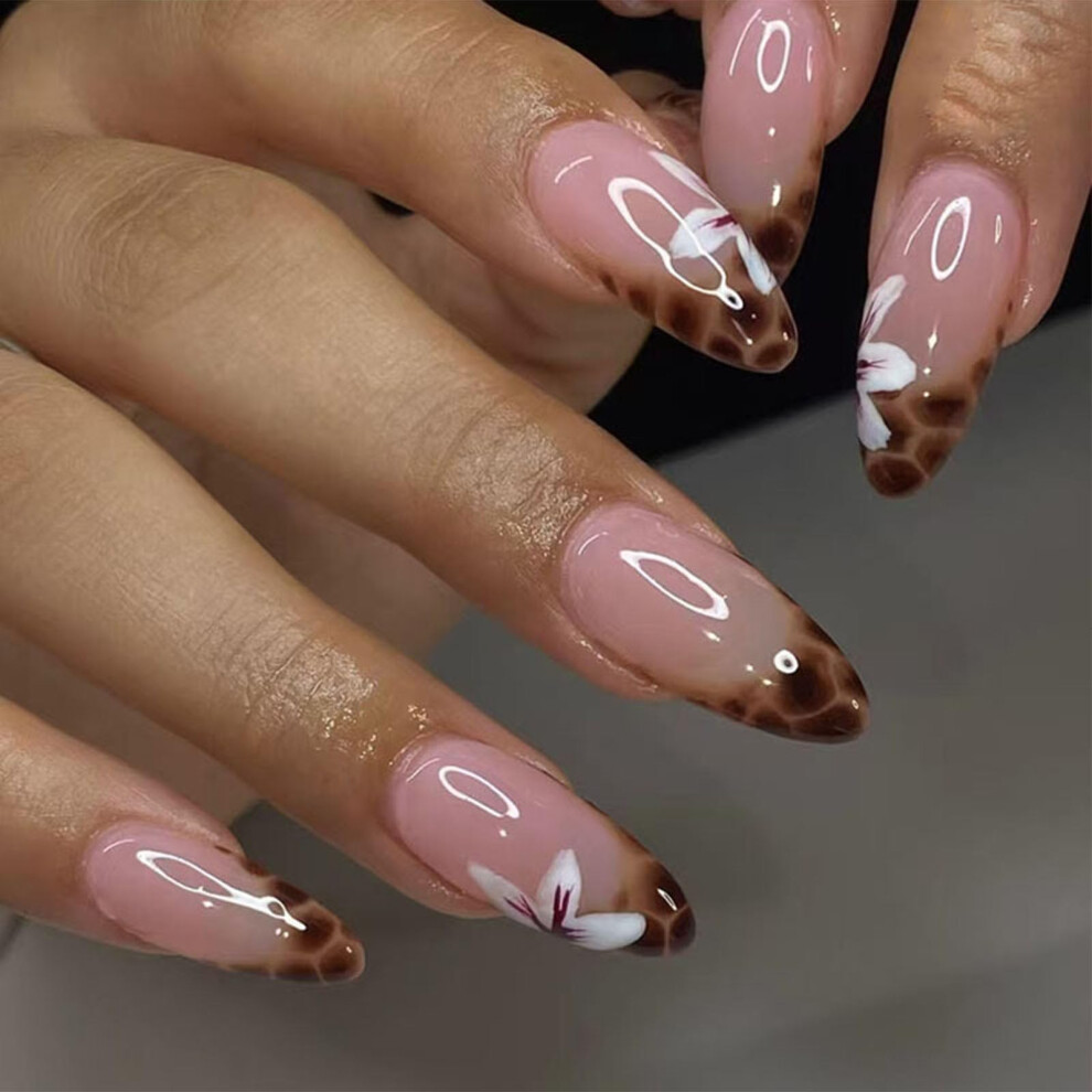 Leopard Print Press on Nails Medium Almond Fake Nails with Flower Design and Glue 24pcs