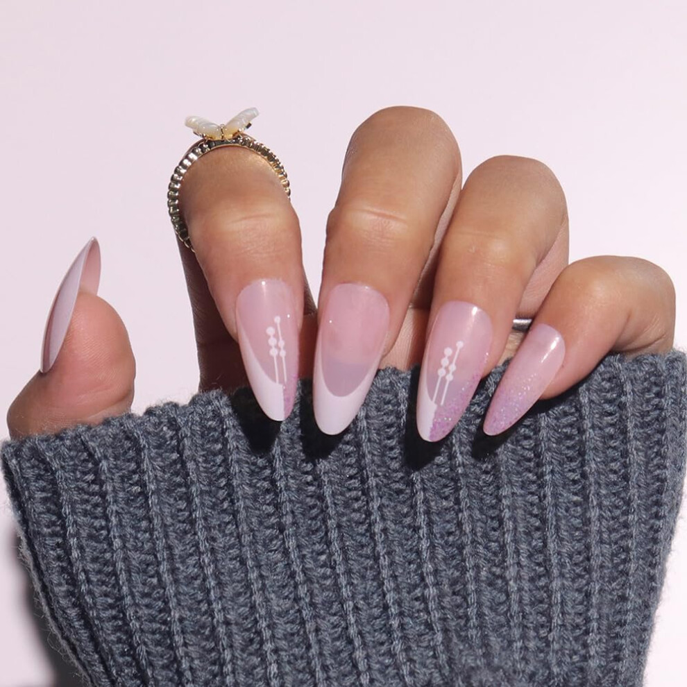 24PCS Medium Almond Press on Nails French Tip Fake Nails with Sparkling Powder, Reusable Kit