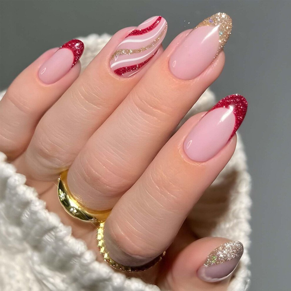 Almond French Tip Press on Nails Glitter Wave Design Fake Nails 24Pcs Glossy Full Cover