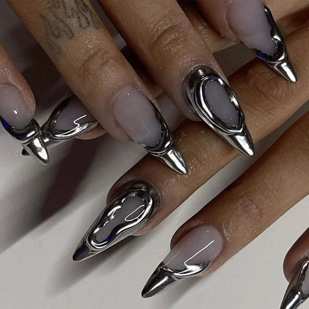 Silver Almond Press On Nails With Glue Metallic French Tip Fake Nails For Instant Glam Manicure