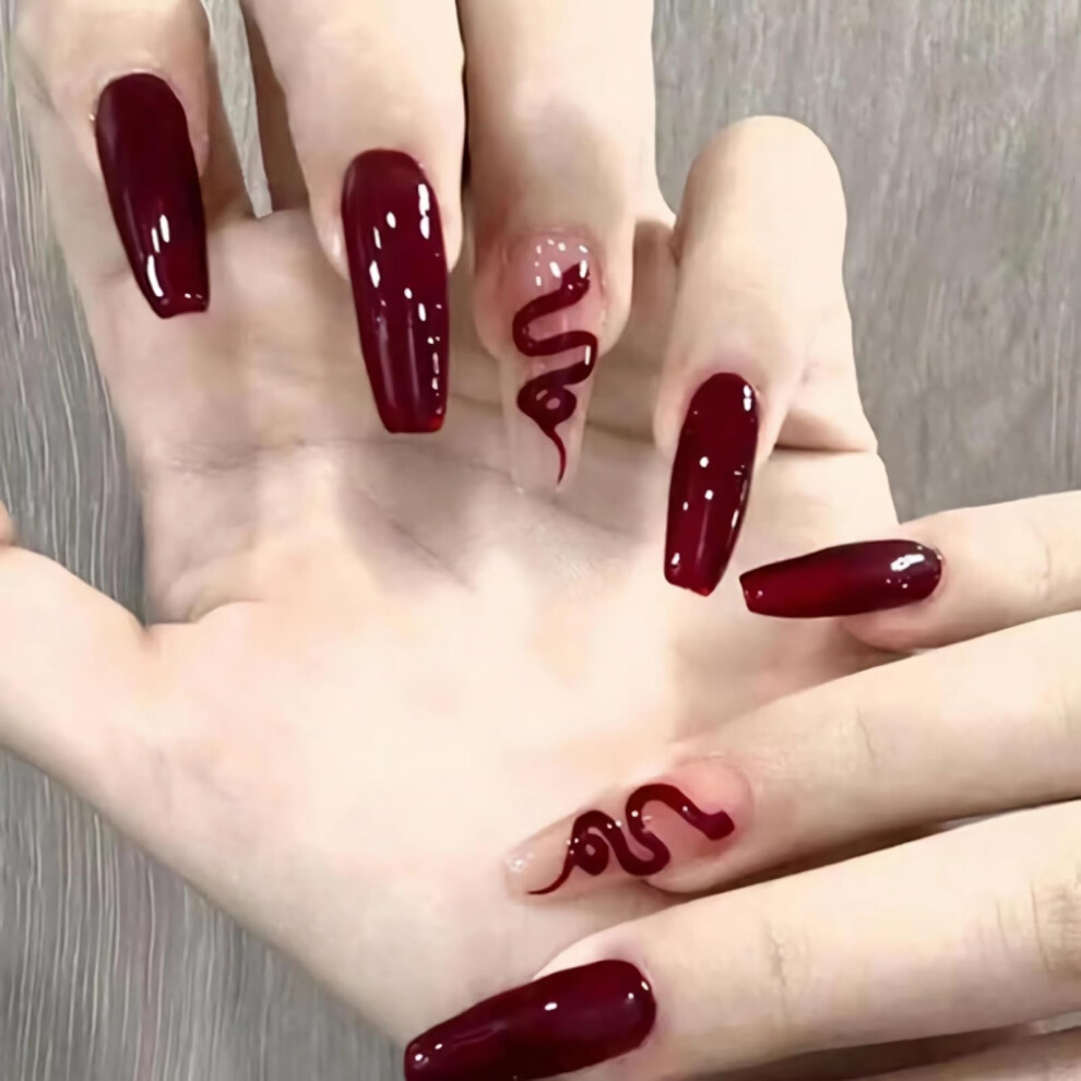 Red Long Coffin Press On Nails Dark Snake Design Glossy Ballerina Acrylic Fake Nails 24Pcs Kit