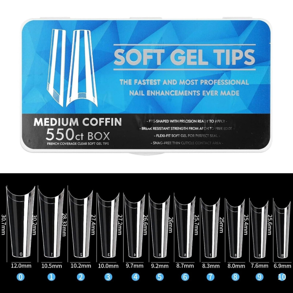 240pcs Clear Full Cover Press On Nails, Long Square Acrylic Fake Nail Tips Set with 12 Sizes for DIY Manicure
